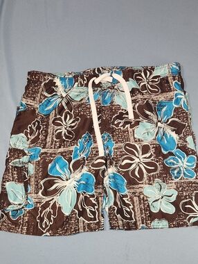 Lanesboro Men's Brown Floral Swim Shorts with Blue Accents. XL.